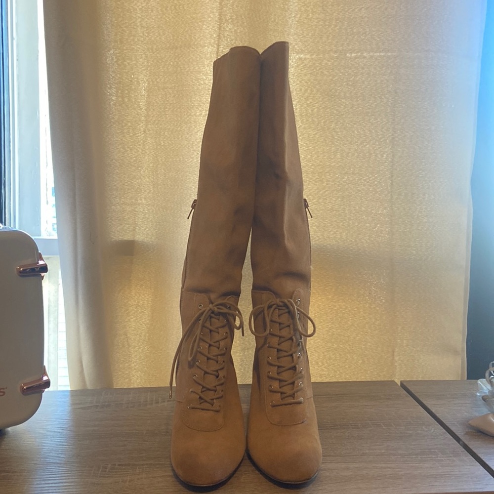 Tall lace up suede chunky heeled boots